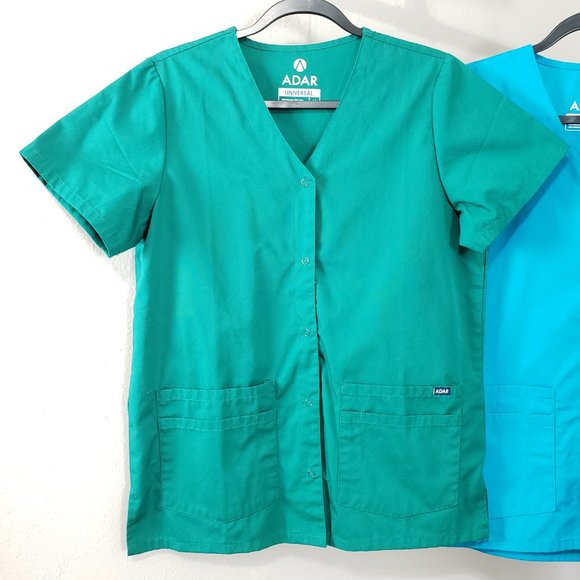 Adar Hunter Green Teal Blue Double Pocket Snap Front Scrub Top Bundle Medium - Picture 2 of 12